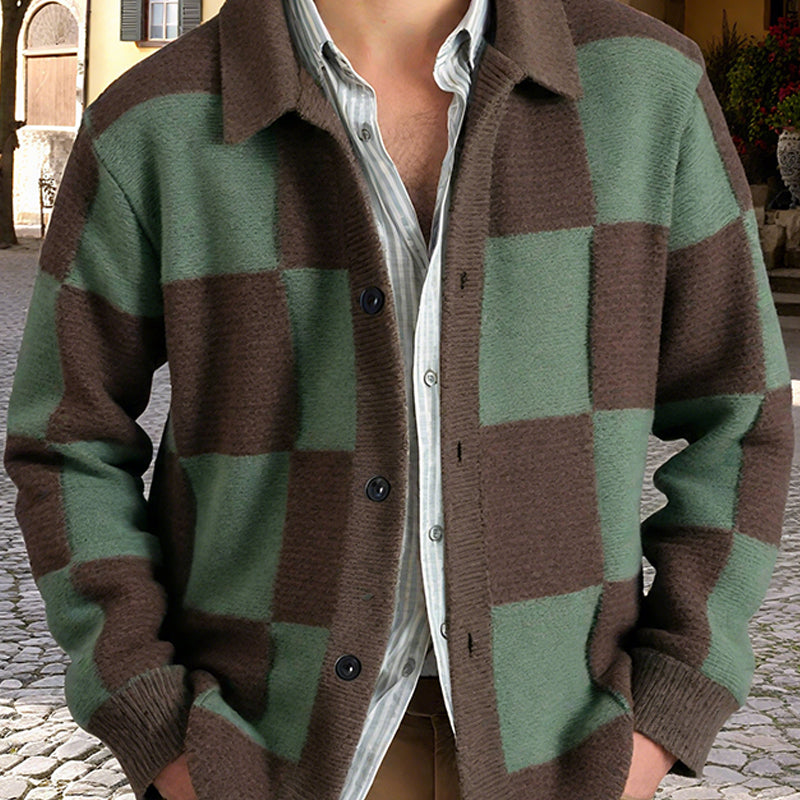 Men's Casual Contrast Checkerboard Lapel Single-breasted Loose Knit Cardigan DTT25080704
