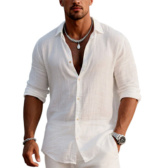 Men's Cotton and Linen Casual Solid Color Lapel Shirt 9261774962872