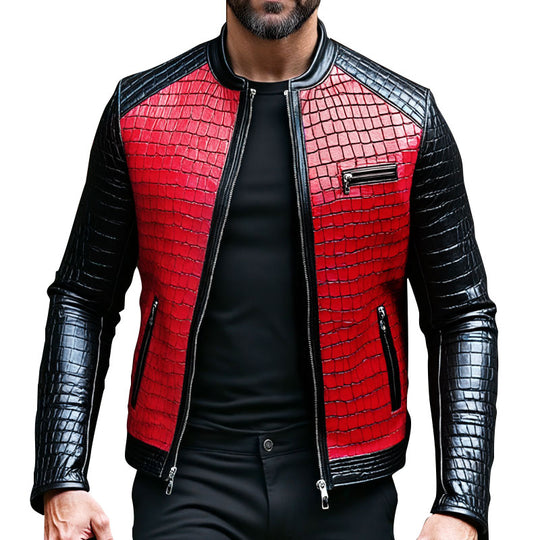 Men's Stylish Stand Collar Zipper Stone Pattern Leather Jacket Dtt004997304