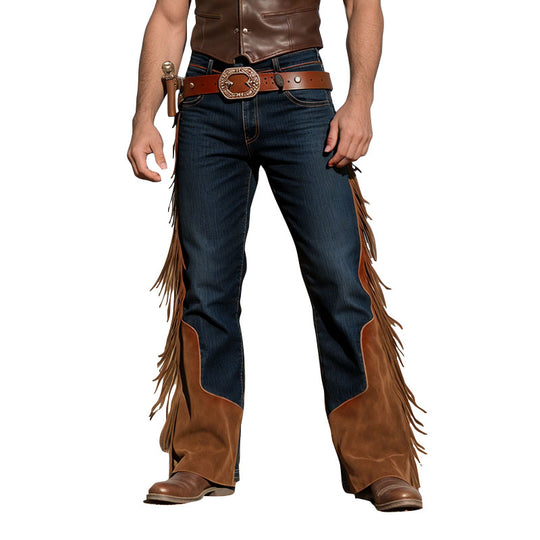 Men's Patchwork Brown Suede Panels Fringed Trim Western Style Wide Leg Jeans Dtt250500706