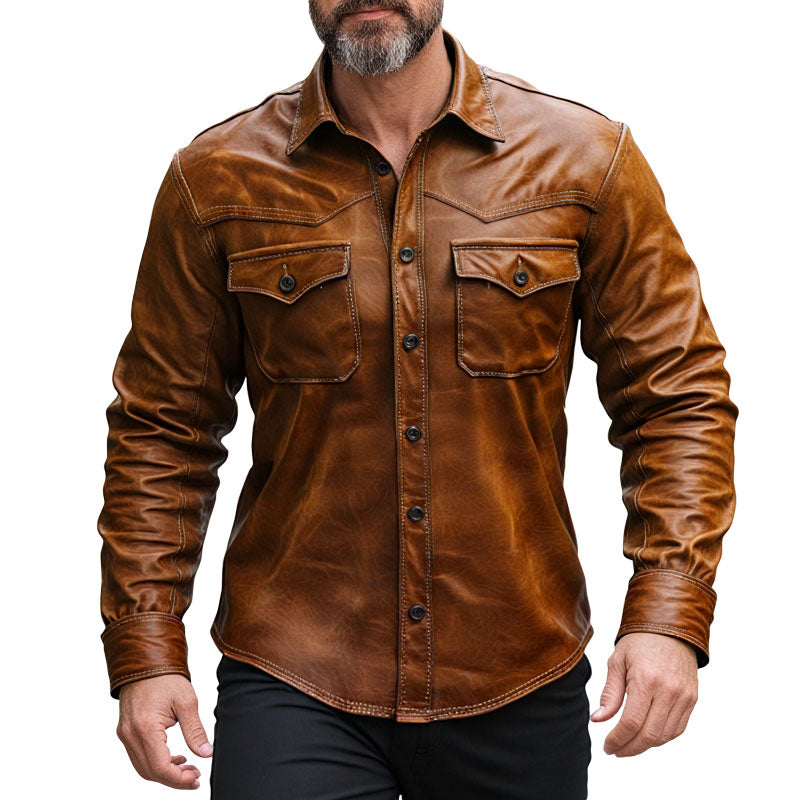 Men's Vintage Slim Fit Button-Down Leather Shirt Dtt528278200