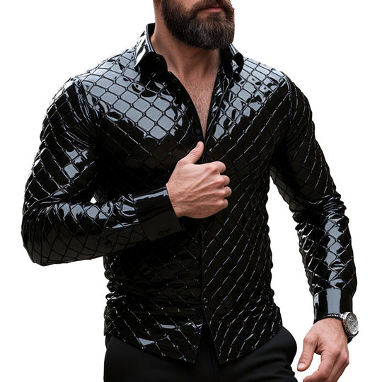 Men's Slim Fit Solid Plaid Shiny Long Sleeve Leather Shirt Dtt392403128