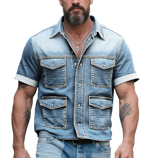 Men's Turndown Collar Button Pockets Short Sleeve Denim Safari Shirt Dtt235275960
