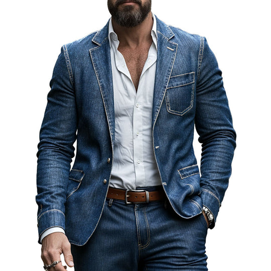 Men'S Dark Blue Textured Washed Denim Blazer Dtt847475896