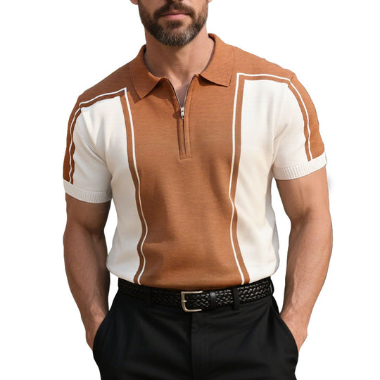 Men's Color Matching Zipper Polo Neck Short Sleeve T-shirt Dtt022778552