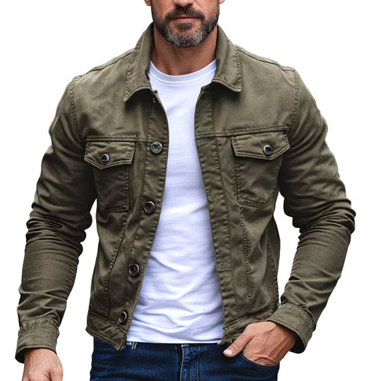 Men's Solid Lapel Washed Denim Jacket Dtt011513528