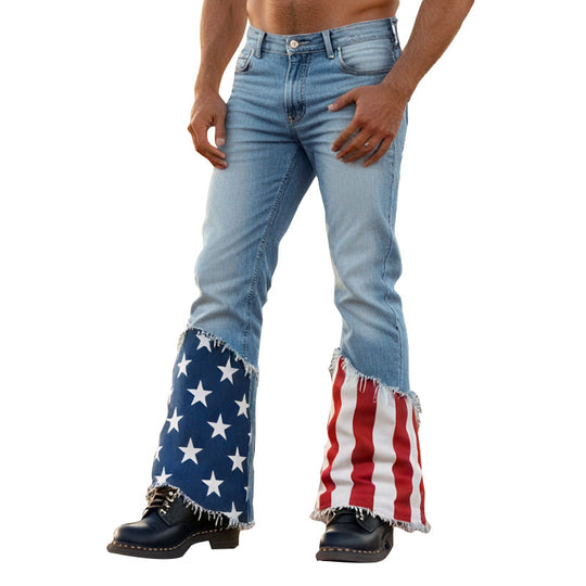 Men's Patchwork Star Striped Pattern Frayed Hem Jeans Dtt250500643