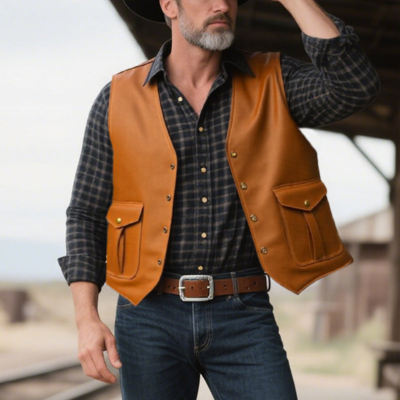 Men's Vintage V-Neck Leather Vest Dtt237736120