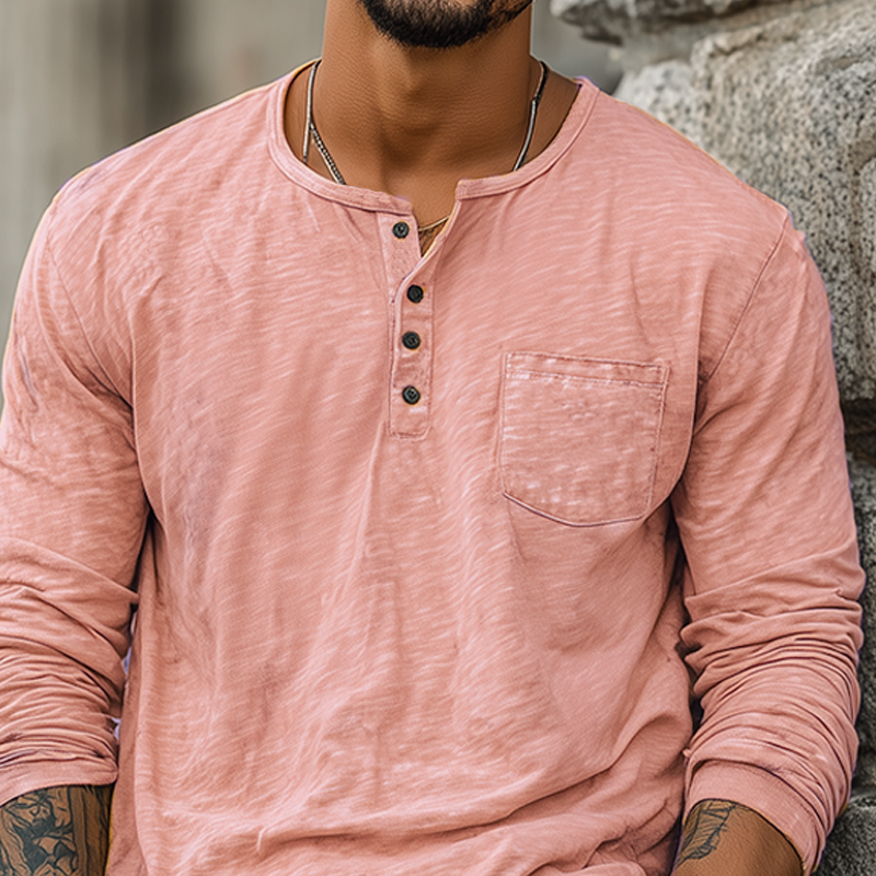 Men's Spring And Summer Casual Tough Style Henry Collar Bamboo Cotton Long Sleeve T-Shirt DTT25082007