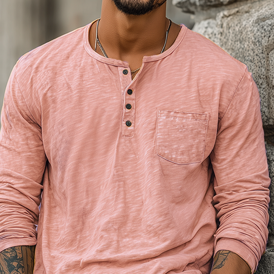 Men's Spring And Summer Casual Tough Style Henry Collar Bamboo Cotton Long Sleeve T-Shirt DTT25082007