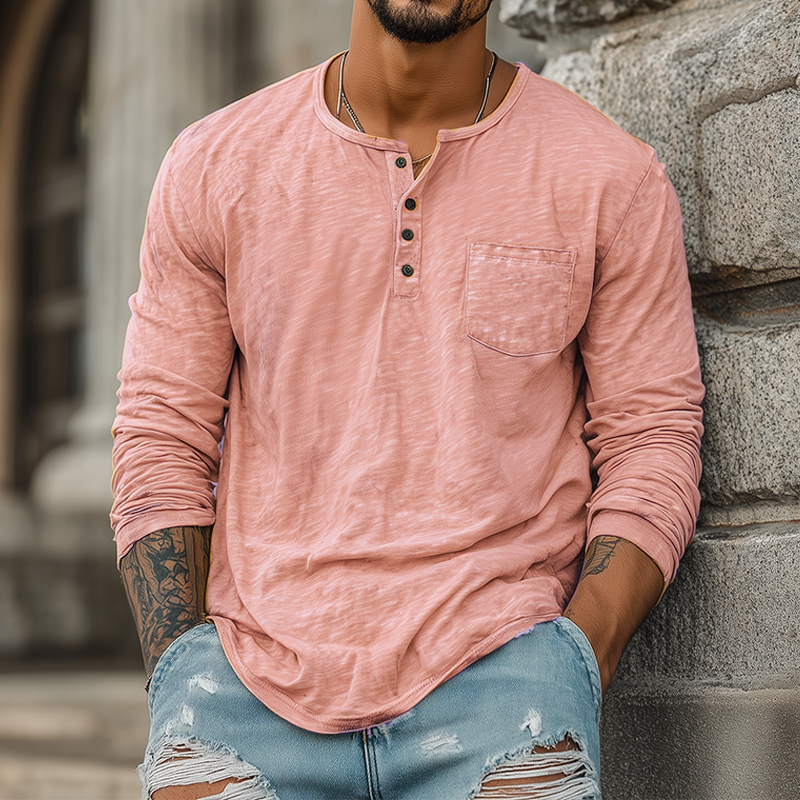 Men's Spring And Summer Casual Tough Style Henry Collar Bamboo Cotton Long Sleeve T-Shirt DTT25082007