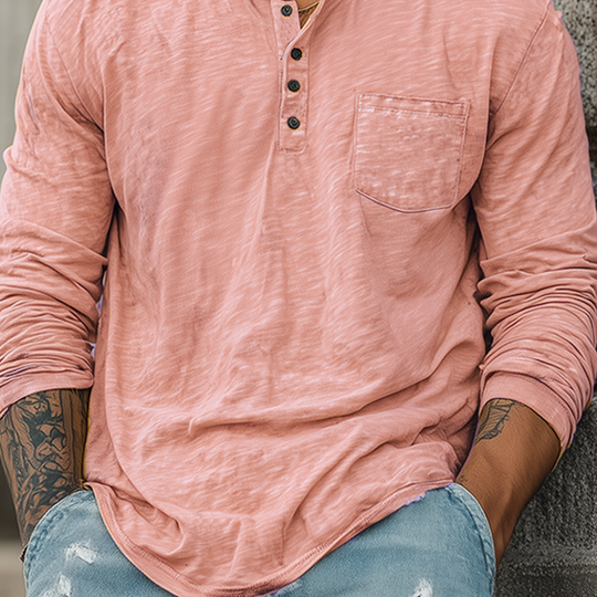 Men's Spring And Summer Casual Tough Style Henry Collar Bamboo Cotton Long Sleeve T-Shirt DTT25082007