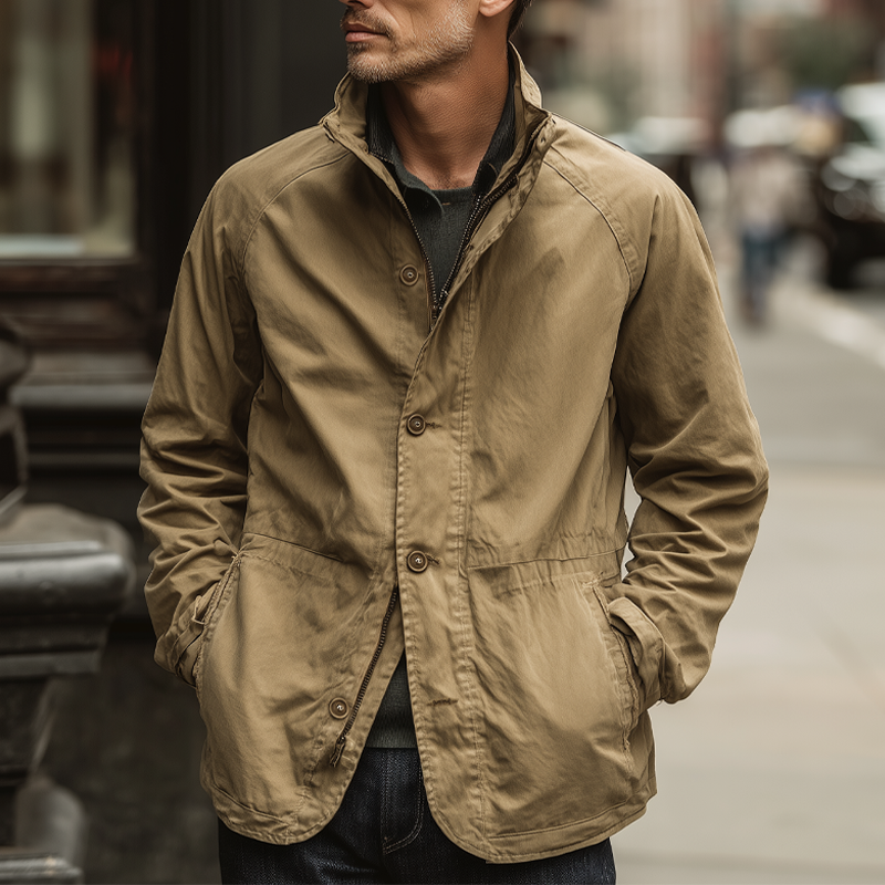 Men's Casual Solid Color Cotton Stand Collar Zipper Jacket DTT25080716