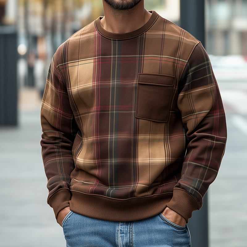 Men's Retro Casual Plaid Print Crew Neck Sweatshirt DTT25082502