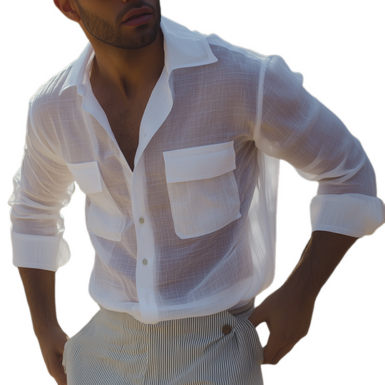 Men's Retro Casual Solid Color Linen Lapel Long Sleeve Shirt DTT25070309