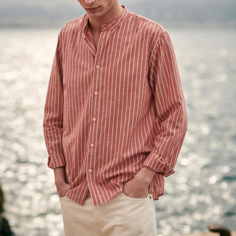 Men's Casual Cotton Linen Contrast Striped Stand Collar Loose Long Sleeve Shirt 9902010040504
