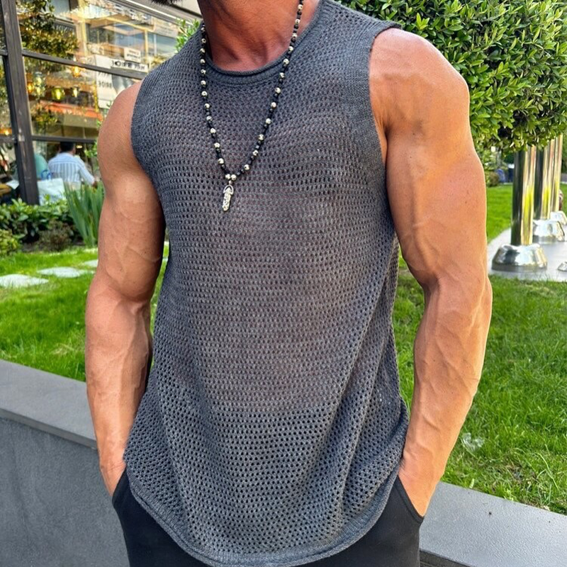 Men's Solid Knit Mesh Crew Neck Tank Top DTT25072208