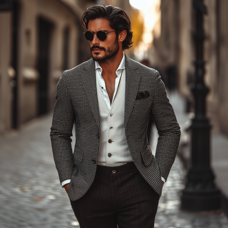 Men's Vintage Classic Houndstooth Notch Lapel Single-breasted Slim-fit Blzer DTT25081502