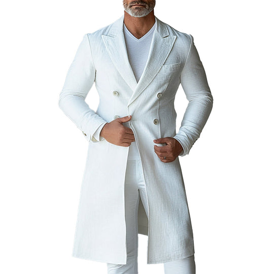 Men's Solid Peaked Lapel Double Breasted Long Sleeve Knee Length Coat 9951401476280