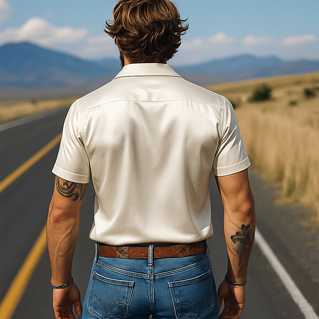 Men's Spring And Summer Fashion Casual Western Cowboy Style Satin Champagne Gold Print Short Sleeve Shirt DTT25060615