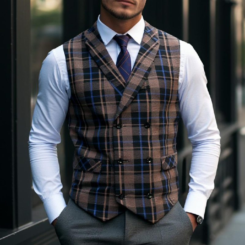 Men's Vintage Checkered Lapel Double-breasted Vest (shirt Not Included) 9906104008888