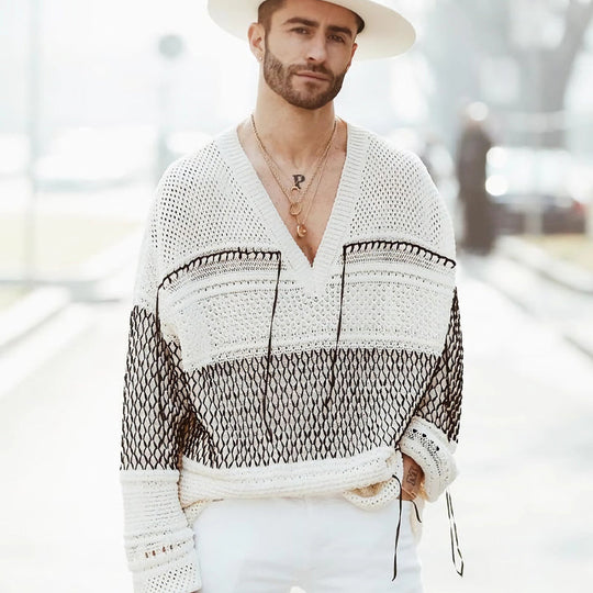 Men's Casual Lazy Feeling Deep V Neck Mesh Knit Sweater 9911547920568