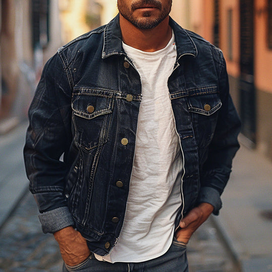 Men's Vintage Multi-Pocket Lapel Denim Jacket 9894195200184
