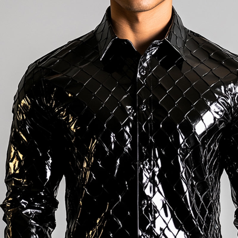 Men's Vintage Slim Fit Solid Plaid Long Sleeve Leather Shirt 9892392665272