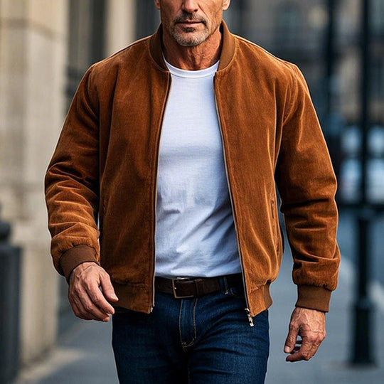 Men's Solid Suede Baseball Collar Zip-Up Jacket 9906102075576