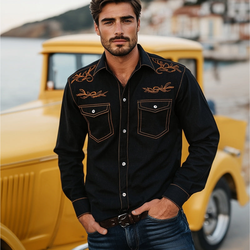 Men's Denim Retro Contrast Color Embroidery Long Sleeve Loose Shirt 9892386406584