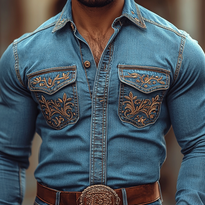 Men's Western Cowboy Style Embroidered Lapel Chest Pocket Long Sleeve Denim Shirt 9905398218936
