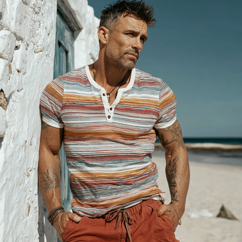 Men's Stripe Print Short Sleeve Henley Neck T-Shirt DTT25063015