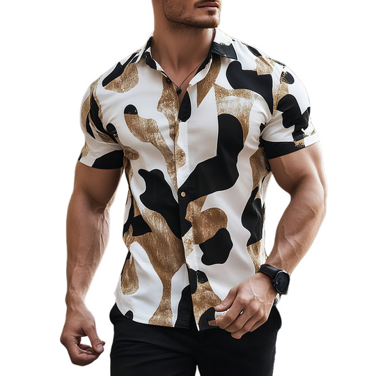 Men's Graffiti Print Lapel Short Sleeve Shirt DTT25070202