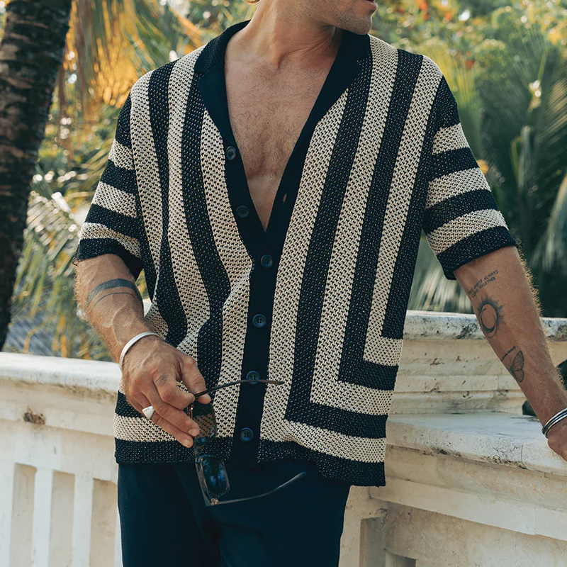 Men's Spring And Summer Fashion Casual Hollow Striped Knitted Short-sleeved Shirt DTT25070803