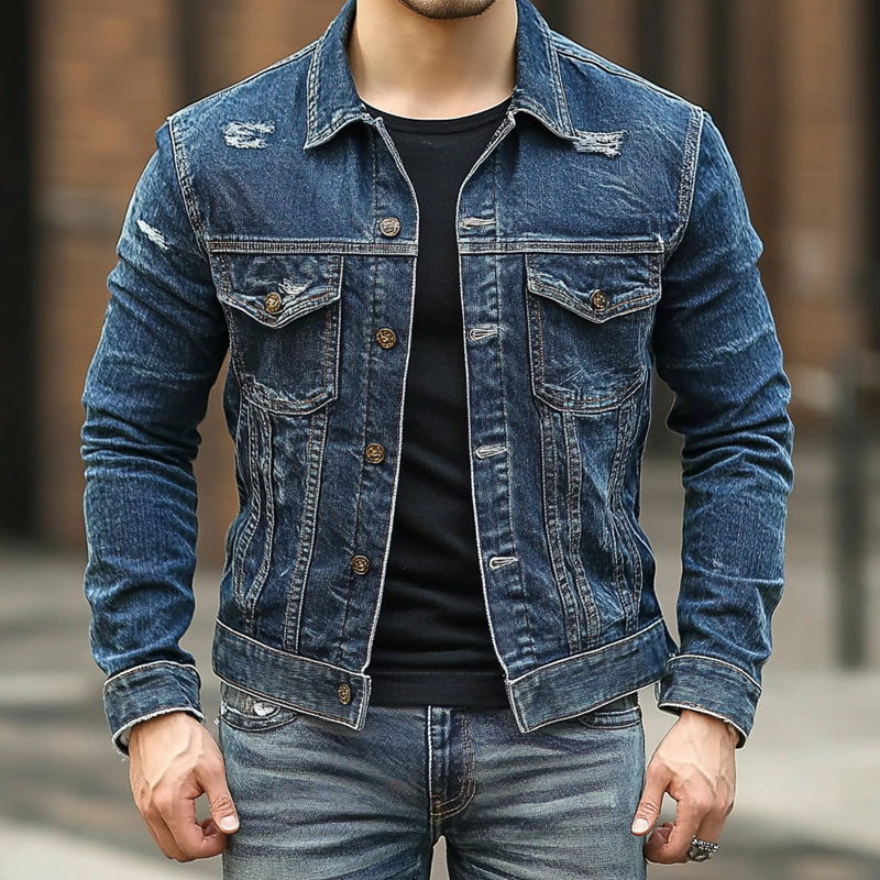 Men's Ripped Single Breasted Lapel Denim Jacket 9899737546936