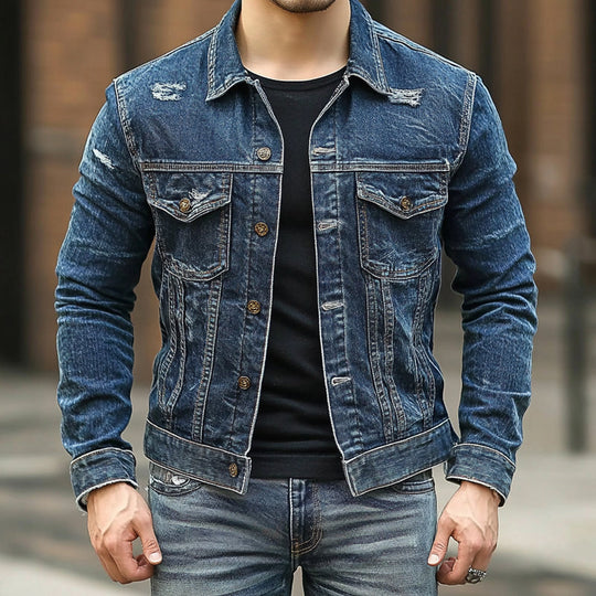Men's Ripped Single Breasted Lapel Denim Jacket 9899737546936