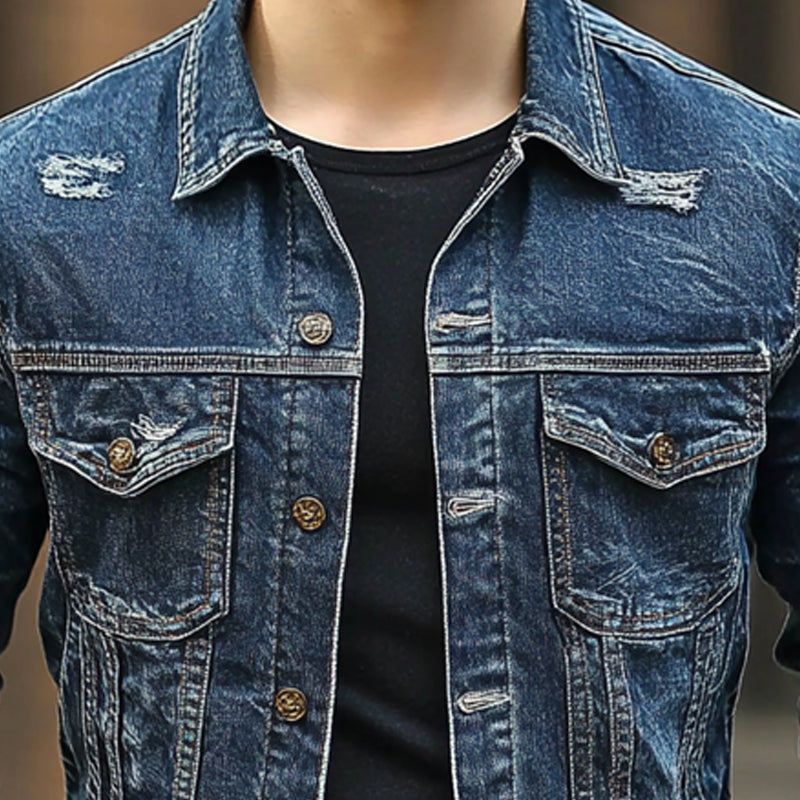 Men's Ripped Single Breasted Lapel Denim Jacket 9899737546936