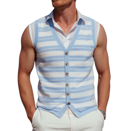 Men's Fashion Contrast Striped Thin V-neck Single-breasted Slim Fit Knitted Vest DTT25070317