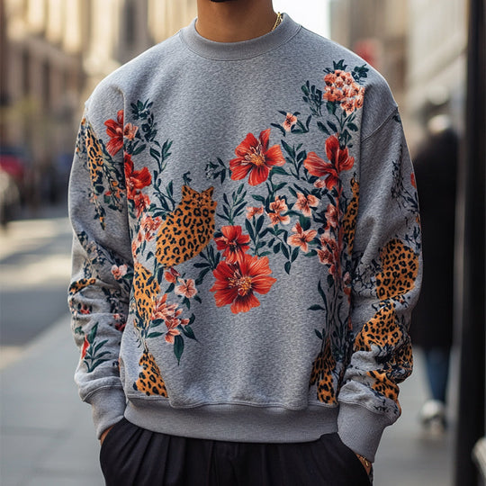Men's Retro Casual Floral Leopard Print Crew Neck Sweatshirt 9893975326904