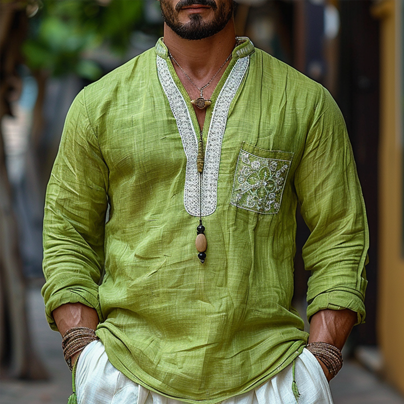 Men's Ethnic Style V Neck Long Sleeve Cotton And Linen Loose Shirt 9899715035320