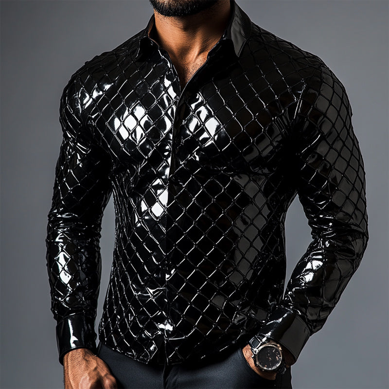 Men's Slim Fit Solid Plaid Shiny Long Sleeve Leather Shirt 9892392403128