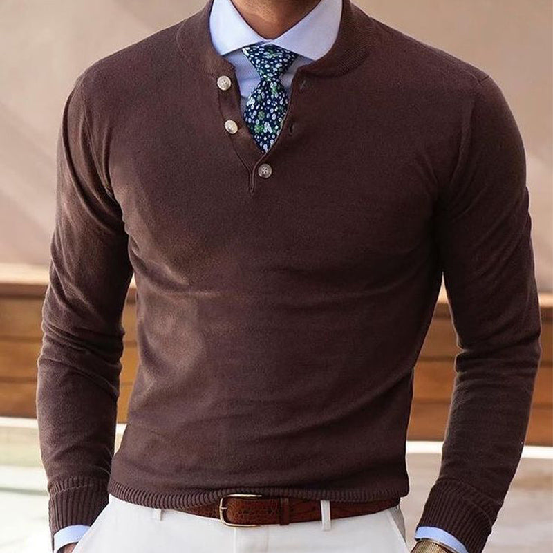 Men's Vintage Red Brown Button Crewneck Knitted Slim Fit Sweater 9891528245432