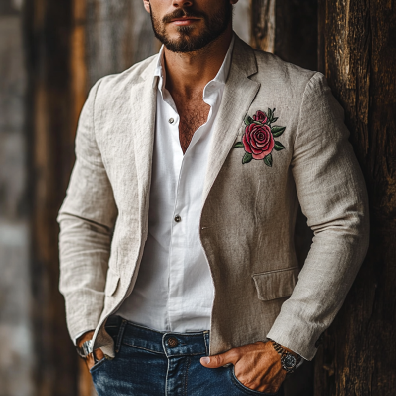 Men's Casual Rose Embroidery Single Breasted Linen Blazer 9892392140984