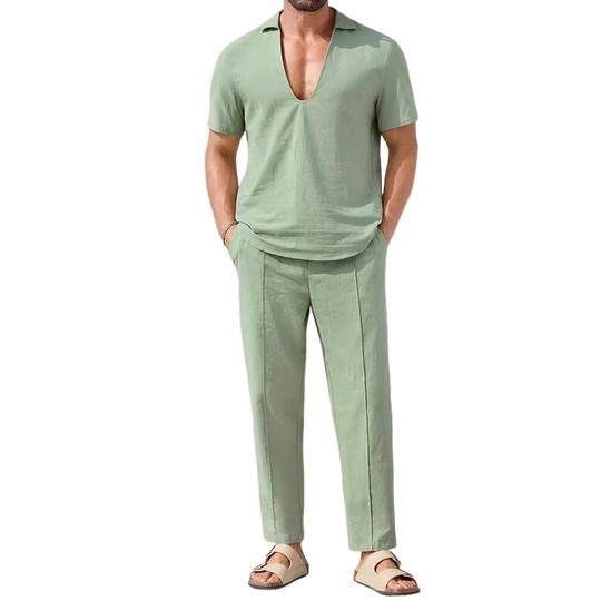Men's Solid Cotton And Linen Lapel Short Sleeve Shirt Trousers Casual Set 9922015789240
