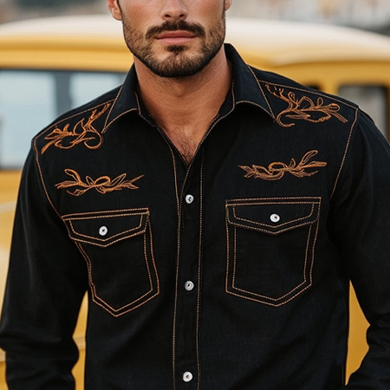 Men's Denim Retro Contrast Color Embroidery Long Sleeve Loose Shirt 9892386406584