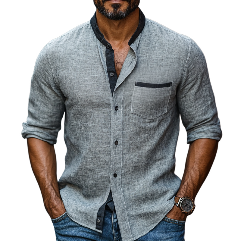 Men's Color Block Cotton And Linen Round Neck Long Sleeve Casual Shirt 9903260106936