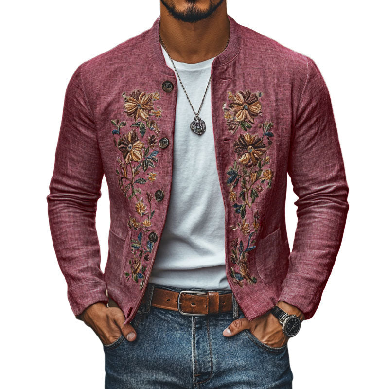 Men's Casual Linen Embroidered Stand Collar Single Breasted Slim Fit Jacket 9923553624248