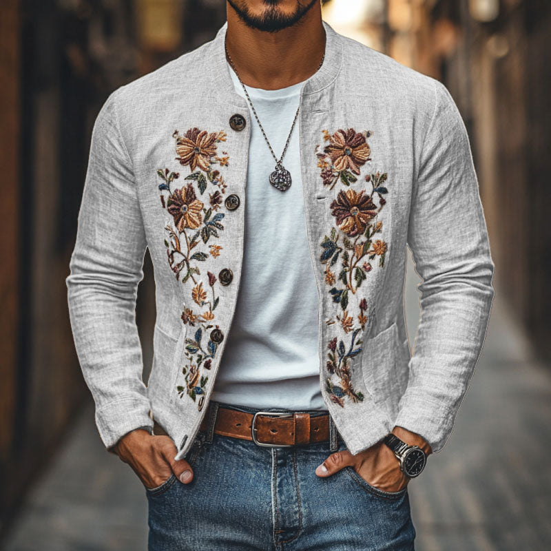 Men's Casual Linen Embroidered Stand Collar Single Breasted Slim Fit Jacket 9923553624248