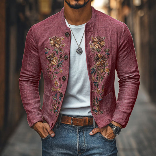 Men's Casual Linen Embroidered Stand Collar Single Breasted Slim Fit Jacket 9923553624248