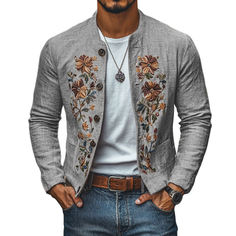 Men's Casual Linen Embroidered Stand Collar Single Breasted Slim Fit Jacket 9923553624248